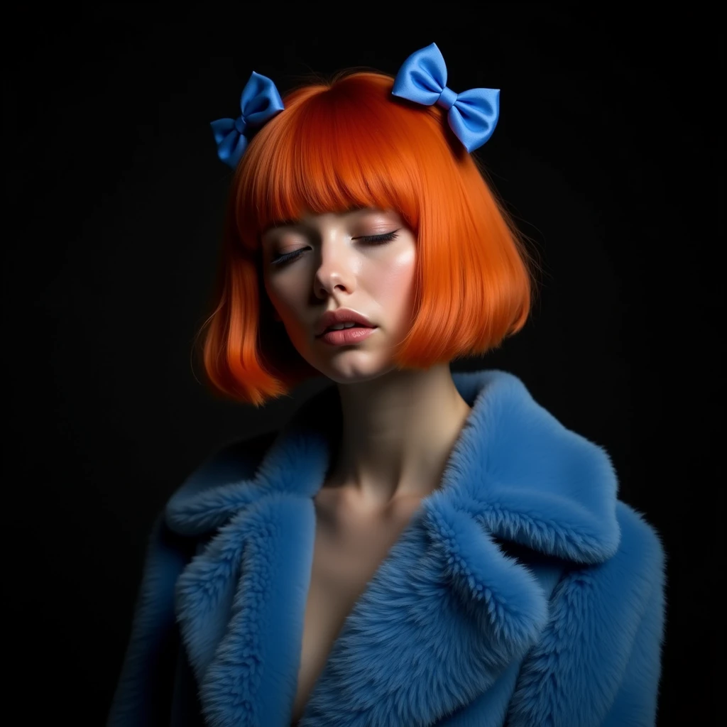 naughty sexy fashion girl, professional, portrait photography, studio light from above and backlight from behind the head, cute girl (Sharp Focus:1.3), very detailed, beautiful detailed face, orange hair bob hairstyle, there are two small blue bows on her head, eyes closed, as if enjoying the sound, --Detailing, whole body, a lot of femininity, blue fur coat, Tempting, Dazzling, Black background, Backlight, installed behind the model, illuminates the back of the head and creates a frame around the head, highlighting the silhouette of the poser against the background
