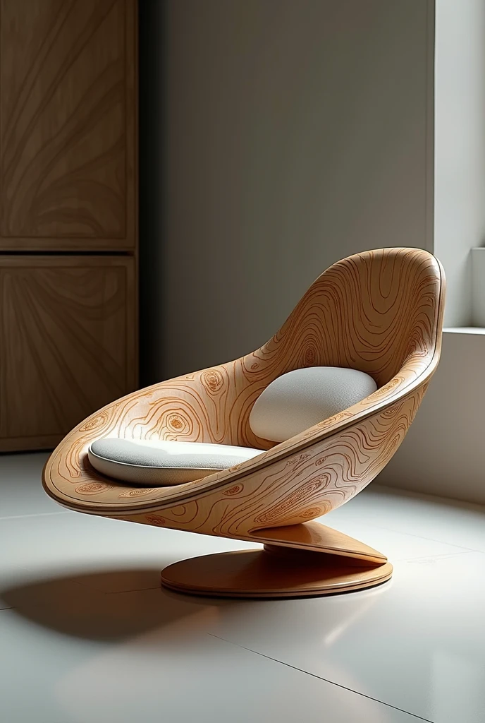 An ergonomic magnetic levitation floating chair made of renewable wood and plastic materials with pre-Columbian patterns with a holographic panel to control the house, Futuristic and wood colors.