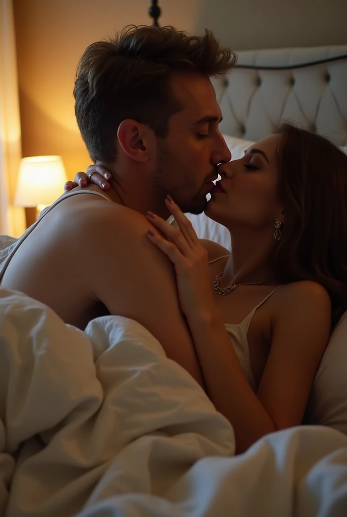 Mans dick in lady's mouth in room on bed