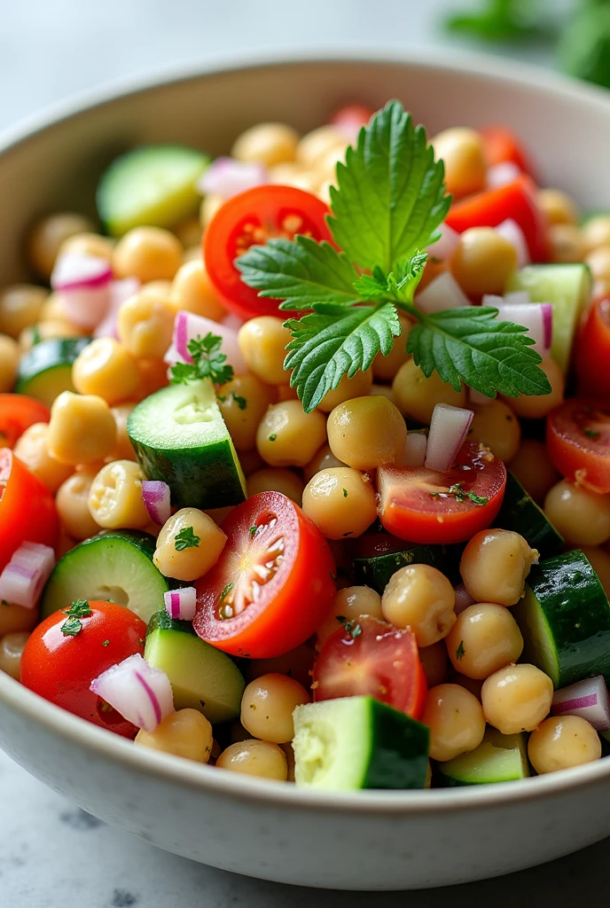 Create an image of this recipe: Chickpea and Cucumber Salad with Lemon Ingredients:

- Cooked chickpeas: 200 g - Cucumber: 100 g
- Tomate: 100 g - Red onion: 50 g - Fresh parsley: 10 g - Olive oil: 15 ml - Lemon juice: 15 ml
- Sal: 5 g - Pepper: 2 g Preparation:

1. Lava y corta el pepino y tomato en cubos pequeños. Finely chop the onion and parsley.

2. In a large bowl, Mix the chickpeas with the cucumber, tomato, onion and parsley.

3. In a small bowl, Combine the olive oil with the lemon juice, salt and pepper.

4. Pour the dressing over the salad and mix well..

5. Serve cold or at room temperature.

