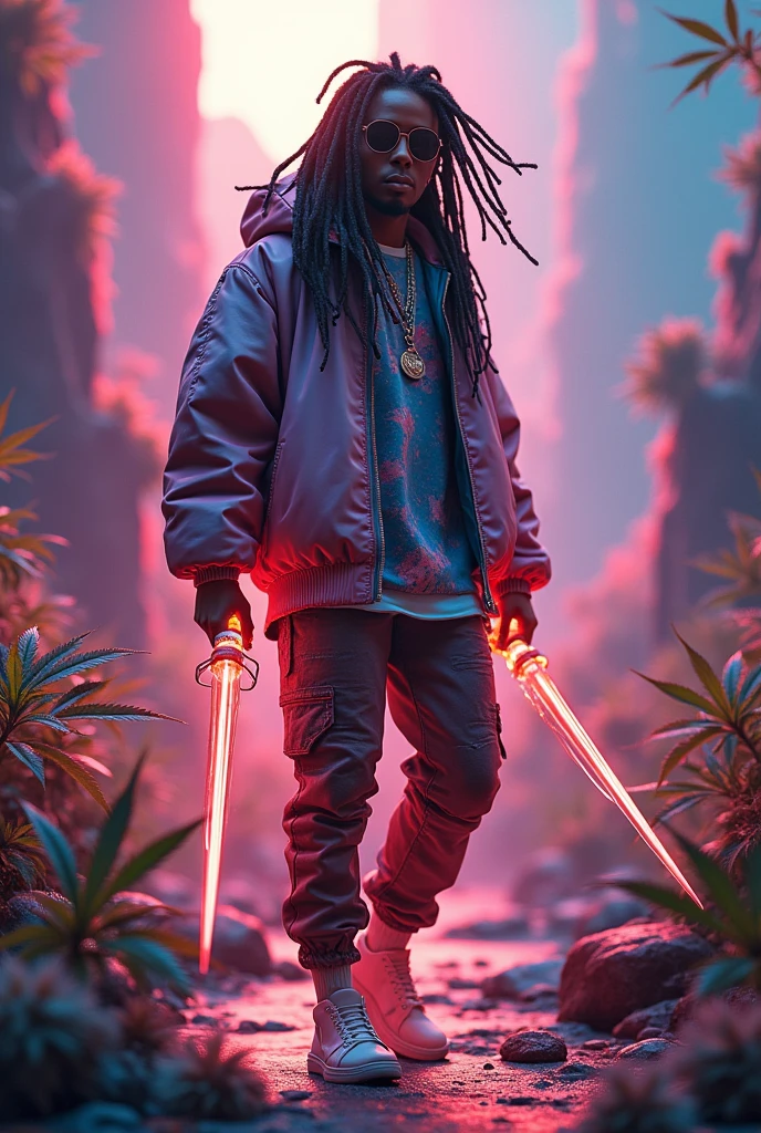 design a 3d quantum personified character. this character thick dreadlocks and dressed like 90s hip hop. setting exotic environment were potent cannabis strains colorfully grow wildly in this majical futuristic world. this character is trained in the art of sound warfare where he can turn vibration into energy blast and use frequencies to tear through the fabric of space.