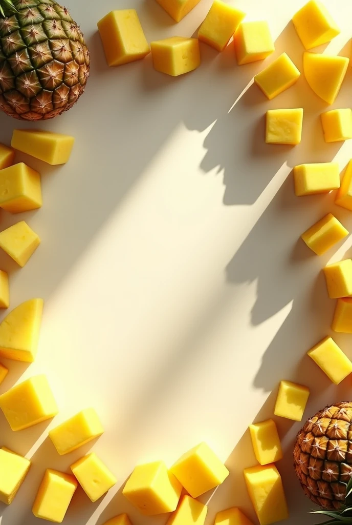 chopped pineapple pieces on a table placed around the entire photo frame leaving space in the center, with reflections of sunlight entering the kitchen. the photo is taken from above