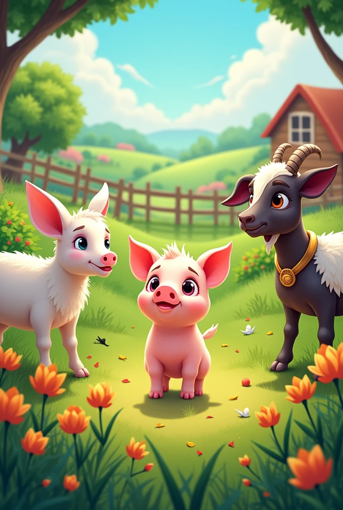 generate a colourful picture for kids on the following story.
Zuri The Pig
Zuri was a small, pink pig who had just arrived at Green Farm. The farm was a home to cows, chickens, goats and sheep. Everything was new and unfamiliar to Zuri. The farm animals welcomed her warmly, but she was too shy to respond. She would often find a quiet spot near the fence, watching the other animals from a distance.
One day, while Zuri was sitting by herself, she noticed a pair of curious eyes peeking at her. It was a young goat named Didi. "Hello," Didi whispered shyly. Zuri simply nodded in return. Didi was too shy to come any closer, but she kept visiting Zuri each time a little braver than before. Zuri, though still shy, began to look forward to these quiet, shared moments.
As the days passed, Zuri continued to keep to herself, but now she wasn’t completely alone. Didi, the goat, and a sheep named Lolo would come by to see her. However, Zuri still felt like she didn’t belong with the farm animals. She watched them play and work together, feeling too nervous to join in.
One day, while Zuri was hiding near the fence, Didi and Lolo came by “Why do you sit here all alone? We’ve all noticed how lonely you seem and We’d love to be your friends too.” Zuri was touched by their kindness but still felt unsure. "Why don't we all play together? I have a fun farm game" Said Lolo. The wild animals were curious, and excited to try something new. Lolo and Didi invited Zuri to join them, and with a bit of encouragement, she agreed.
The animals played tag, raced around the farm. To Zuri’s surprise, she found herself laughing and enjoying the company of everyone. She realized that she didn’t have to stay alone near the fence. From that day on, Zuri was never alone. She had found her place and was surrounded by friends who cared for her just as she was.