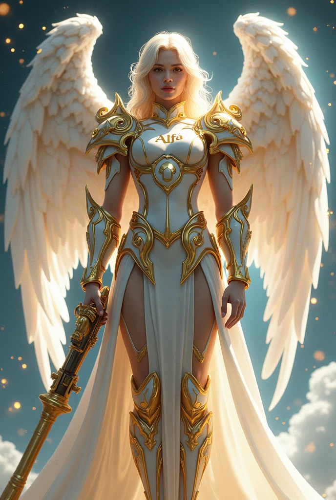 a celestial warrior with white wings and golden and white armor.With the name Alfa on the chest. The character has a serene and noble appearance, with angelic details and a custom rifle in gold and white.