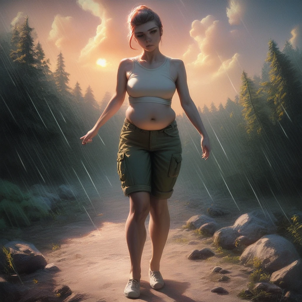 (1 girl) (masterpiece, best quality) ((the chubby camp councilor is sad she wont see you until next year)) , ,  , (stormy dark sky, sunset, raining) (beautiful forest background)
((Melancholy emotions:1.4)), ((realistic oil painting)) art by norman Rockwell, ((heavy, full chest)) (safe for work:1.3), (dynamic angle), (dynamic pose), ((realistic anime style)) full body picture 