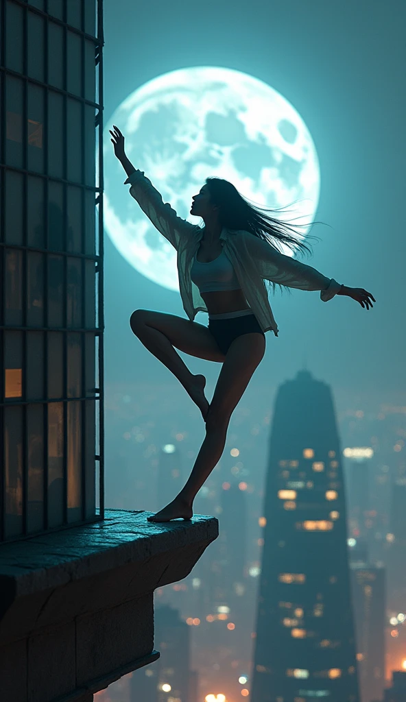 photo-realistic, dramatic scene, cinematic scene, masterpiece, (extremely beautiful Japanese boyish fat girl), professional dancer, full body, acrobatic pose, dynamic angle, breakdancing at the top of the tallest building, on the dangerous edge, amazing view of cyber punk skyscrapers, her brilliant fantastic dance techniques, (a strong spot light is on her:1.5), Her beautiful face brightly lit by moonlight
