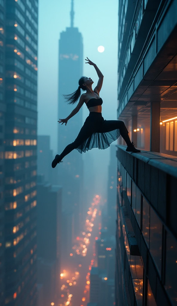 photo-realistic, dramatic scene, cinematic scene, masterpiece, (extremely beautiful Japanese boyish fat girl), professional dancer, full body, acrobatic pose, dynamic angle, breakdancing at the top of the tallest building, on the dangerous edge, amazing view of cyber punk skyscrapers, her brilliant fantastic dance techniques, (a strong spot light is on her:1.5), Her beautiful face brightly lit by moonlight