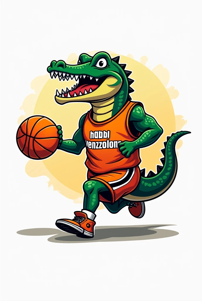 A logo of a crocodile playing basketball with an orange shirt with the name habibivenezolano 
