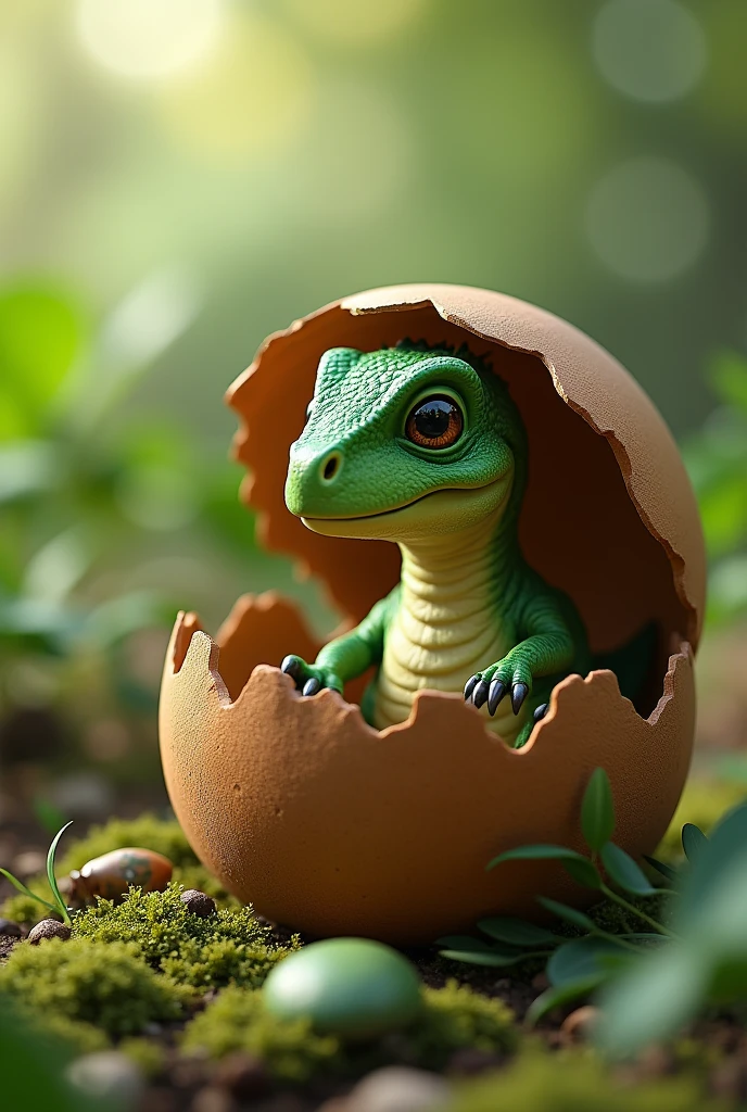Green baby dinosaur hatching from brown egg