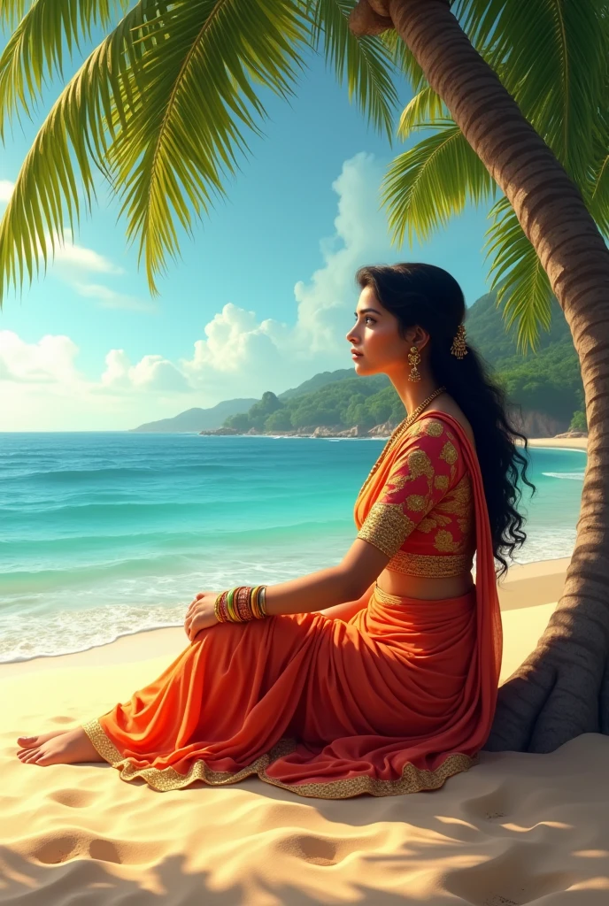 A beautiful Indian woman chilling in a sea beach with pantys