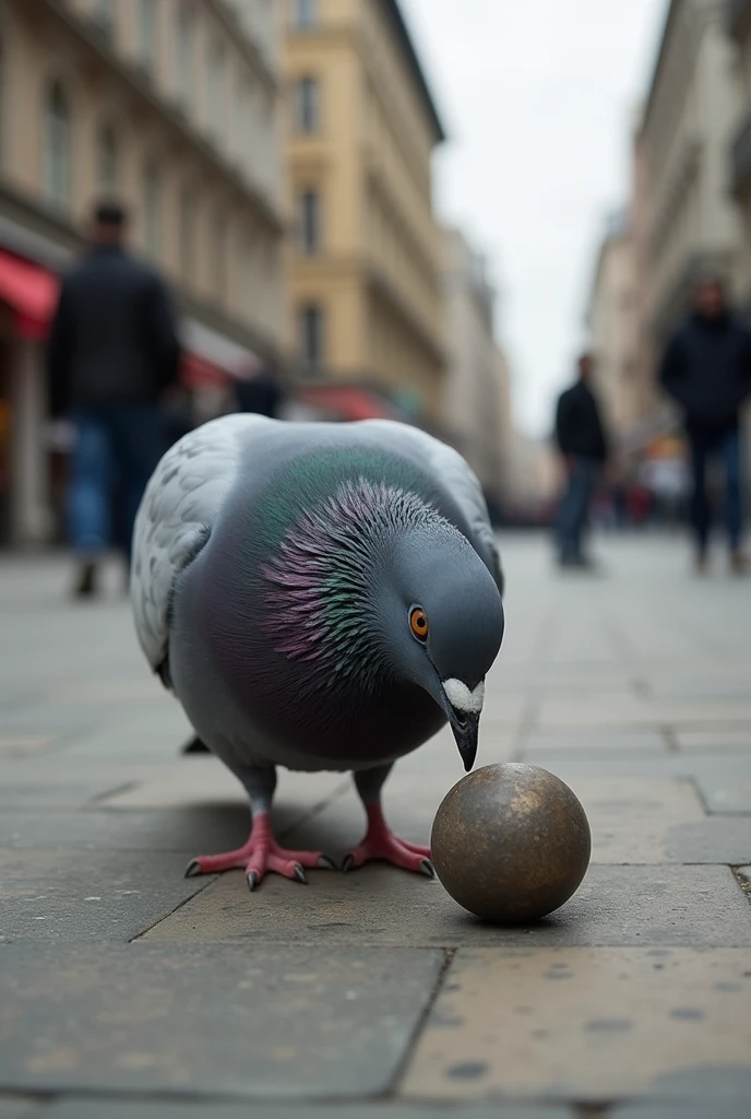 The pigeon pecks the ball.