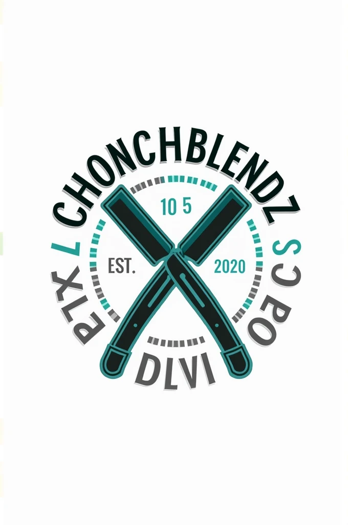 Create a flat vector, illustrative-style emblem logo design for a San Diego barber 'ChonchBlendz' established in 2020 , featuring a modern straight razors crossed in the center of the company name. Use neon green, blue, grey and black colors to convey trust, premium service and a luxury experience against a white background.
