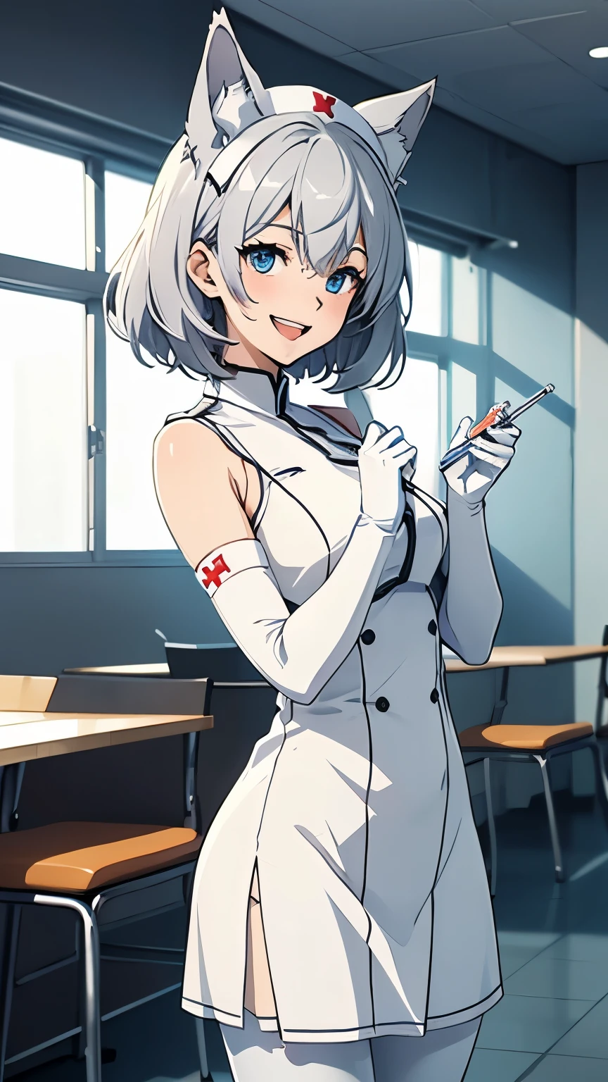 Tabletop High resolution Best image quality 8k Adult female Anime Style White long gloves(Elbow Gloves) Pure white nurse uniform(Sleeveless) White Pantyhose White wolf ears short hair((Shortcuts)(Gray Hair)(Perm)(fluffy)) blue eyes Attractive face((Laughter)(smile)(Open your mouth)) hospital Holding a syringe