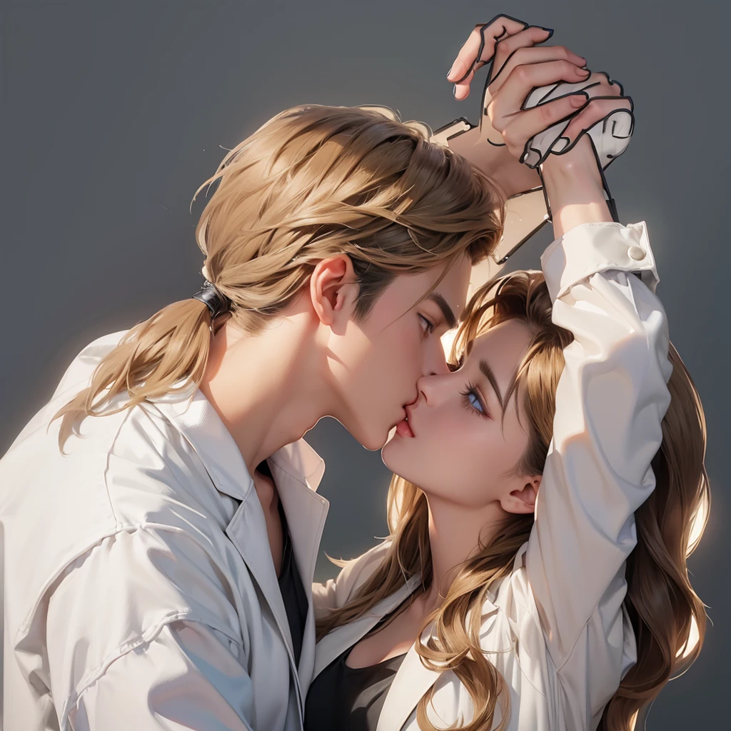 Upper Body,(laboratory:1.5),(一个帅气的金发欧美男子kiss一个20岁的欧美女模特)kiss,Hands propped up on the wall,Golden brown hair,Ponytail,A boy,A girl,Boys wearing white shirts,Black suit pants,Girl wearing white coat,Black dress,(Blue Eyes:1.2),muscular,Caucasian ethnicity,Atmosphere,High Detail,Standing,(背景是laboratory:1.5),Equipment,Wall,indoor,Glass,Experimental vessels