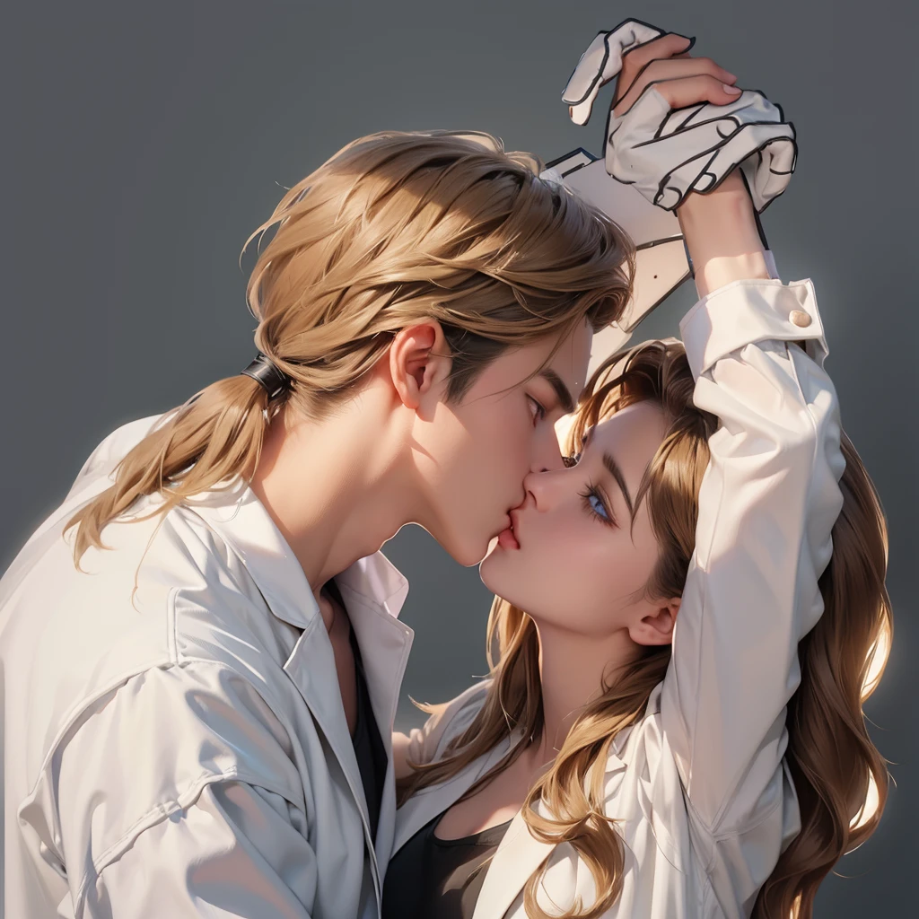 Upper Body,(laboratory:1.5),(一个帅气的金发欧美男子kiss一个20岁的欧美女模特)kiss,Hands propped up on the wall,Golden brown hair,Ponytail,A boy,A girl,Boys wearing white shirts,Black suit pants,Girl wearing white coat,Black dress,(Blue Eyes:1.2),muscular,Caucasian ethnicity,Atmosphere,High Detail,Standing,(背景是laboratory:1.5),Equipment,Wall,indoor,Glass,Experimental vessels