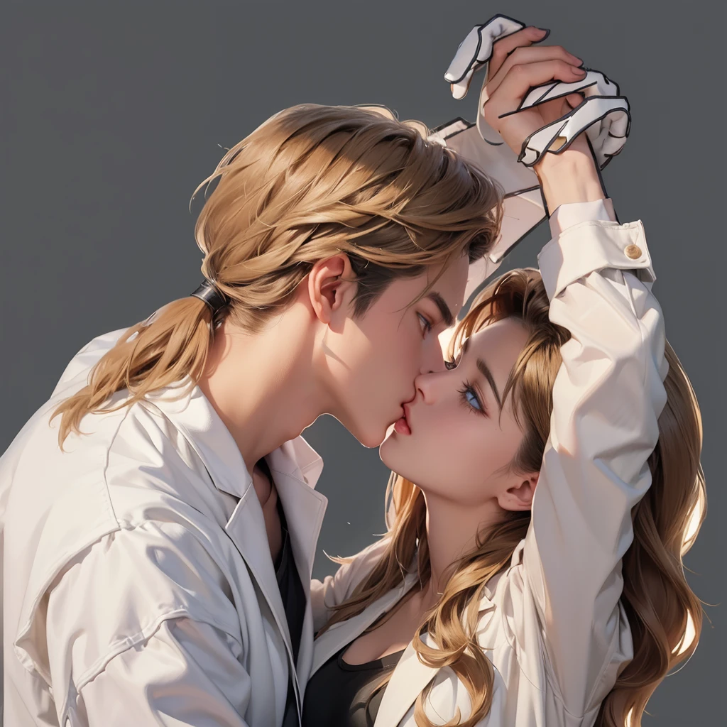 Upper Body，（laboratory：1.5），（一个帅气的金发欧美男子kiss一个20岁的欧美女模特）kiss，Hands propped up on the wall，Golden brown hair，Ponytail，A boy，A girl，Boys wearing white shirts，Black suit pants，Girl wearing white coat，Black dress，（Blue Eyes：1.2），muscular，Caucasian ethnicity，Atmosphere，High Detail，Standing，（背景是laboratory：1.5），Equipment，Wall，indoor，Glass，Experimental vessels