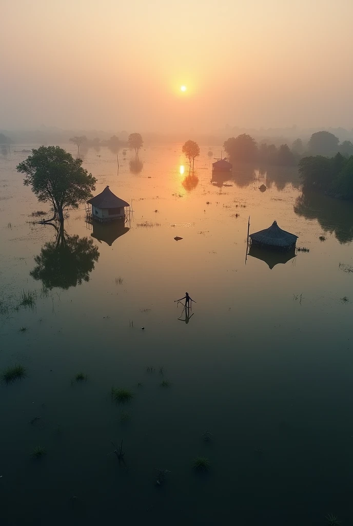 Sunrising on extremely flooded areas of Bangladesh in early morning drone shots 