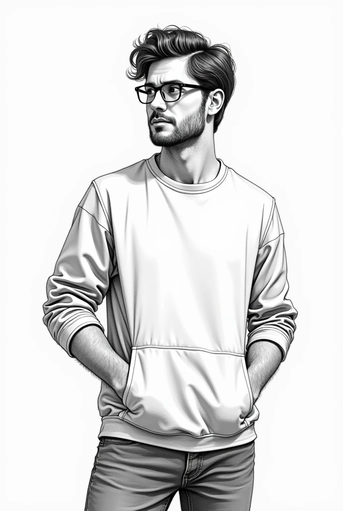 black and white drawing, American style: man 30 years old, height: 1.80 m,hair: dark brown, short and slightly messy eyes: Browns Dress Style: Casual and comfortable, He usually wears simple but good quality clothing. Prefer practical clothes like jeans, t-shirts and sweatshirts. He usually wears glasses when he works on the computer..
Dominant Traits: meticulous, obsessive, introvert Interests: data, technology, mystery Skills: Excellent in data analysis, great ability to detect patterns and anomalies, programming skills Weaknesses: Difficulty socializing and handling emotional situations, tendency to obsess over their projects, may seem distant or disinterested