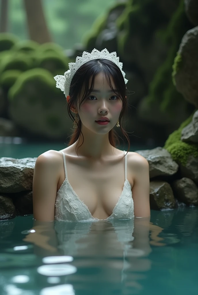 Best Quality, masterpiece, super high resolution, A super model submerged in hot springs in Japan., outdoor hot springs, stone hot springs, rodermals outdoors, stone hot springs, surrounded by moss and trees, super beautiful face, pure body, clear pores visible, (smile:0.8), using division (lace headband:1.2), (Realism:1.5), Photo original, soaked body, covered in sweat, bare shoulders, In the dark, deep shadows, low-key, cold light