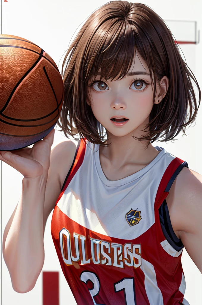 (((Frame In、Pure white wall background、Highest quality、8k、32K、masterpiece)))、(Realistic)、(Realistic:1.2)、(High resolution)、Very detailed、Very beautiful face and eyes、1 person、Round and small face、Tight waist、Delicate body、(close、Highest quality、Attention to detail、Rich skin detail)、(Highest quality、8k、Oil paints:1.2)、Very detailed、(Realistic、Realistic:1.37)、Bright colors、(((Brown Hair)))、(((Brown Hair)))、(((Cowboy Shot)))、(((Bob Hair)))、(((Pure white wall background)))、(((Wearing a basketball uniform)))、(((red basketball outfit)))、(((Surprised face)))、(((1 female)))、(((Tank top style uniform)))、
