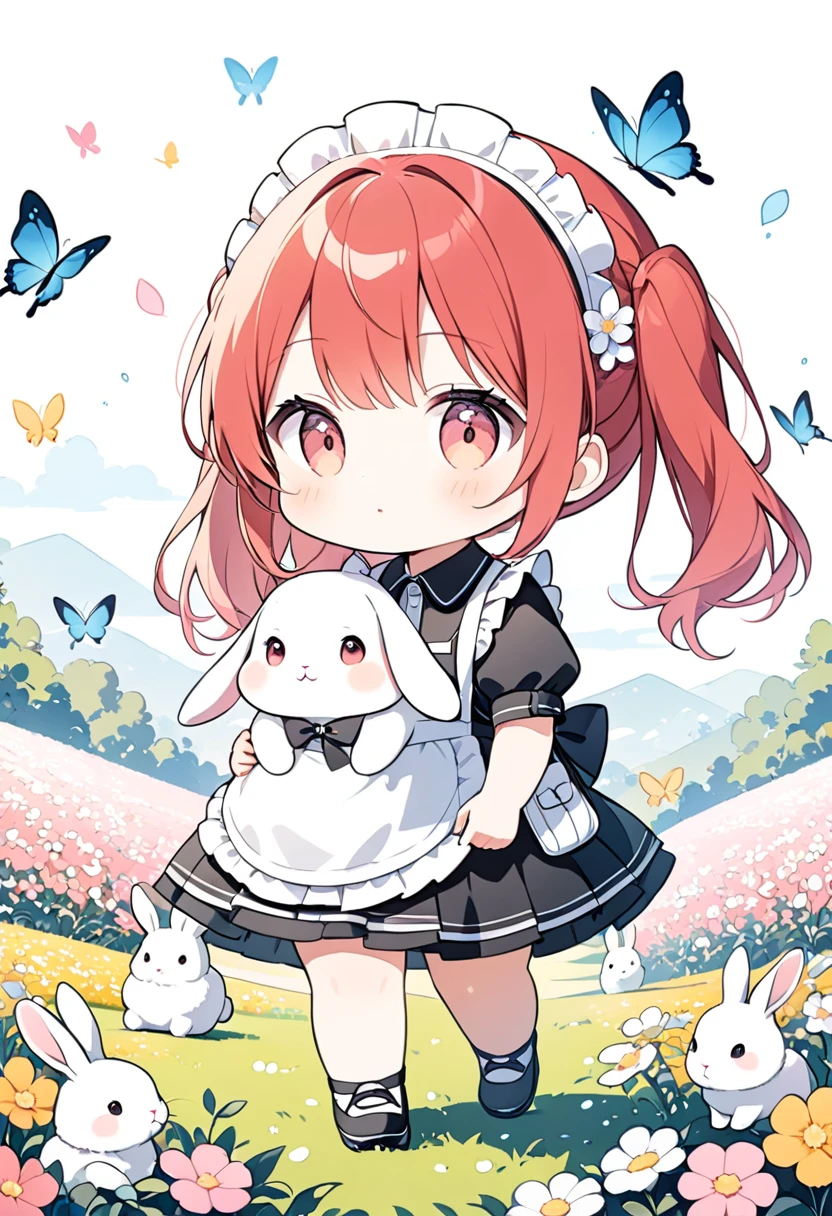 (pastel color illustrations:1.5),super chibi style girl,girl with red hair in twin tails,girl wearing maid headdress and cute maid outfit with frills,girl carrying light pink backpack,plump rabbit with fluffy white fur,rabbit walking alongside girl,rabbit looking at girl anxiously,(the rabbit is walking with the girl:1.3),(the rabbit looks at the girl anxiously:1.2),cute flower field background with butterflies,vivid colors,masterpiece,best quality,4k,8k,ultra detailed,professionally drawn illustrations