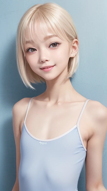 ((sfw:1.5)),((sfw:1.5)),((sfw:1.5)),((sfw:1.5)),((from4/5above:1.5)),((From head to groin:1.5)) Korean Asian Teenager Photos、((Beautiful and cute idol girl:1.5))、Platinum Blonde Hair、11yo,((Single eyelid：1.5. Small, narrow eyes:1.2))、Thin face、Thin neck、((Slim body)),((skinny):1.5),((Flat chest:1.5)),((clavicle)),((Narrow eyes：1.5))、(Thin arms)、(Thin neck)、（Thin lips）、A small smile、Thin arms、(Dark blue school swimsuit:1.5）,((beautifulr detail eye:1.5)),((littlesmile)),((Awaken to love：1.3))、nomake,(A happy and joyful expression)、