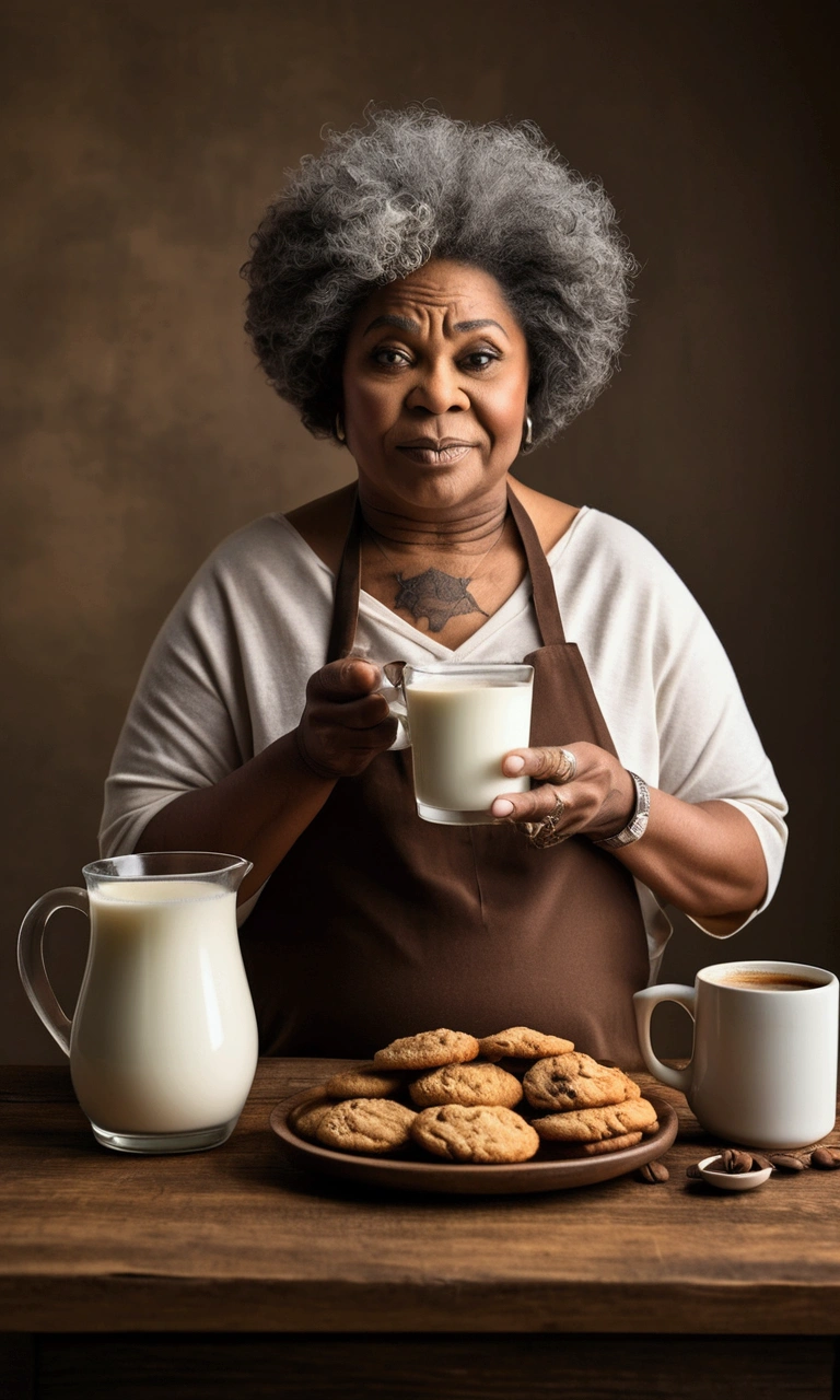 Two tiny old black woman stands on a rustic wood table steering a giant spoon into a normal size cup of coffee, on their side is a normal sized milk bottle, a mug, a teaspoon, sugar cubes and a half eaten ccookie.