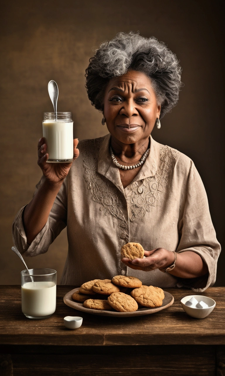 Two tiny old black woman stands on a rustic wood table steering a giant spoon into a normal size cup of coffee, on their side is a normal sized milk bottle, a mug, a teaspoon, sugar cubes and a half eaten ccookie.