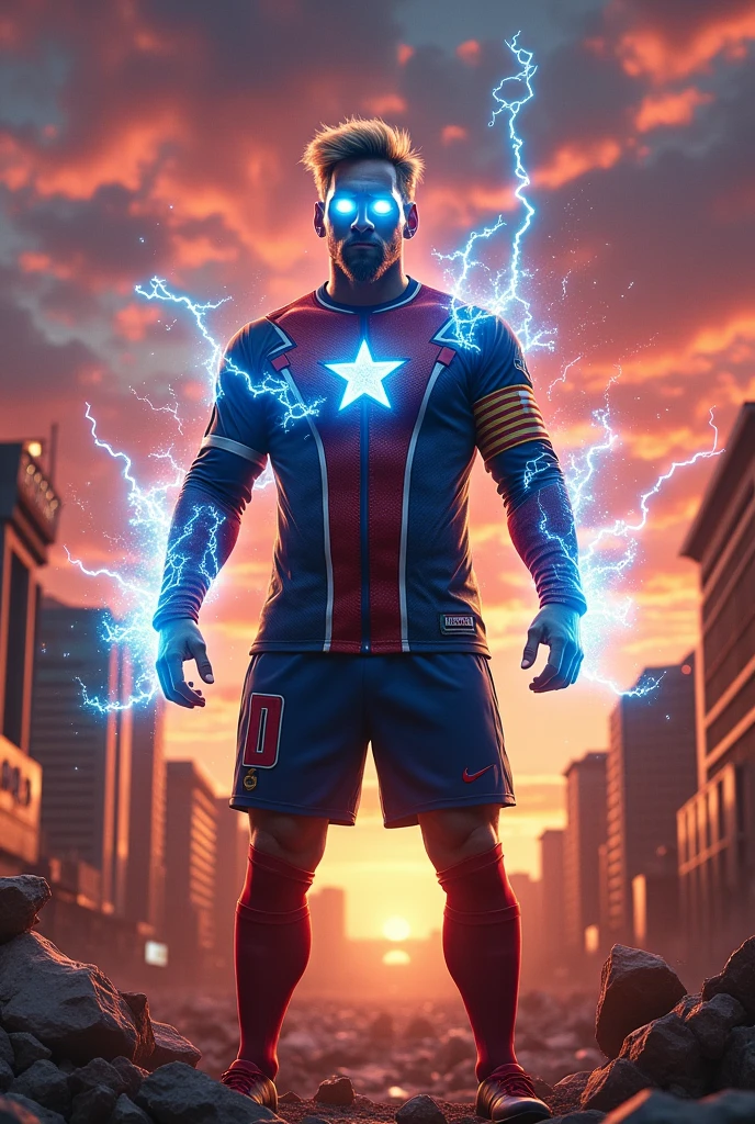 Messi in homelander suit with eyes with blue electric power with bleach hair and destroying las Vegas in sunsets