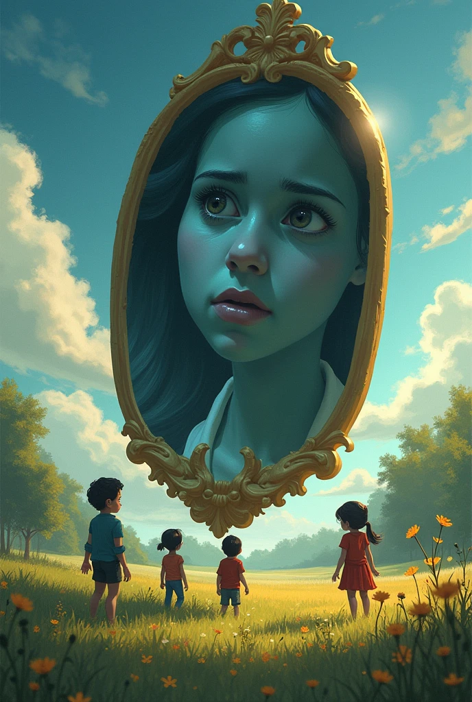 The Lying Mirror The first challenge surprised them when they arrived at a meadow where a large mirror was floating in the air. This mirror, known as the Lying Mirror, had the power to reflect not the truth, but what each one feared for himself. When looking at each other, Clara saw a selfish girl, Luis saw himself as a coward, and Anna saw herself as someone insignificant.
Children, confused and scared, They started fighting each other, blaming themselves for their shortcomings, However, the more disc