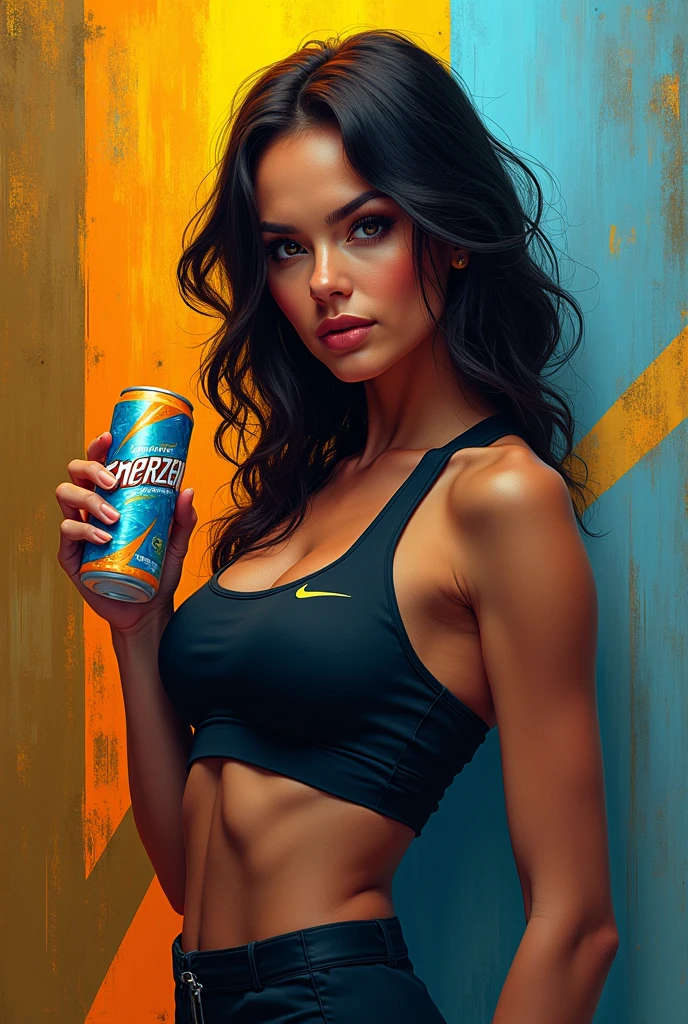 Create women holding a can of energy drink with the name Enerzen containing the colors gold orange blue and black