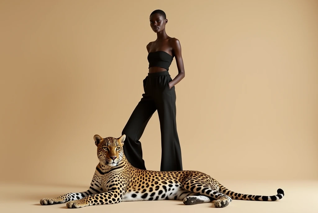 A hyper-realistic high-resolution photograph of a Balenciaga model standing straight against a smooth beige background, with a leopard lying gracefully at the model’s feet. The model’s face is detailed with lifelike skin textures and sharp features, maintaining a neutral expression. The leopard is relaxed, its fur displaying intricate, realistic patterns as it lies close to the model’s feet. The lighting is editorial-style, with soft yet defined shadows, enhancing the minimalist and elegant atmosphere. The composition emphasizes the contrast between the model’s poised stance and the calm presence of the wild leopard. --ar 2:3 --style raw --stylize 200 --v 6.1