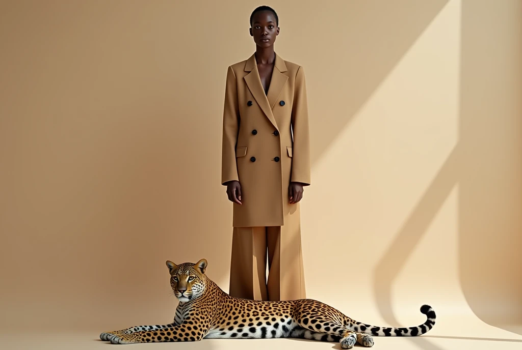 A hyper-realistic high-resolution photograph of a Balenciaga model standing straight against a smooth beige background, with a leopard lying gracefully at the model’s feet. The model’s face is detailed with lifelike skin textures and sharp features, maintaining a neutral expression. The leopard is relaxed, its fur displaying intricate, realistic patterns as it lies close to the model’s feet. The lighting is editorial-style, with soft yet defined shadows, enhancing the minimalist and elegant atmosphere. The composition emphasizes the contrast between the model’s poised stance and the calm presence of the wild leopard. --ar 2:3 --style raw --stylize 200 --v 6.1