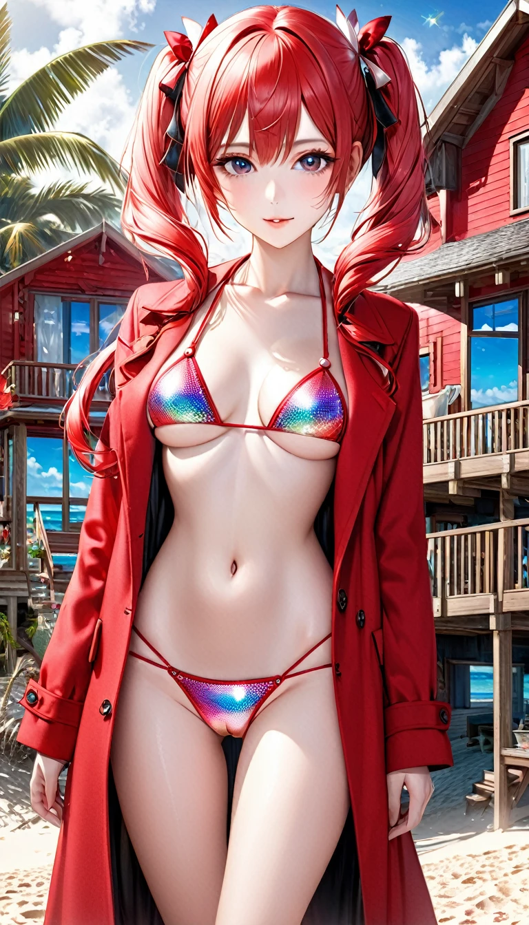 Intelligent beauty, red twin-tails, (attractive and seductive) and (amorous and lewd) expression, make-up, glamorous proportions, wearing unbuttoned red long coat, bikini made of pearl platinum crystal beads, background beach cottage, (ultra detailed, absolutely resolution, best quality:1.3), 2.5D, delicate and dynamic effects, iridescent effects, artistic, hyper, graphic CG digital art