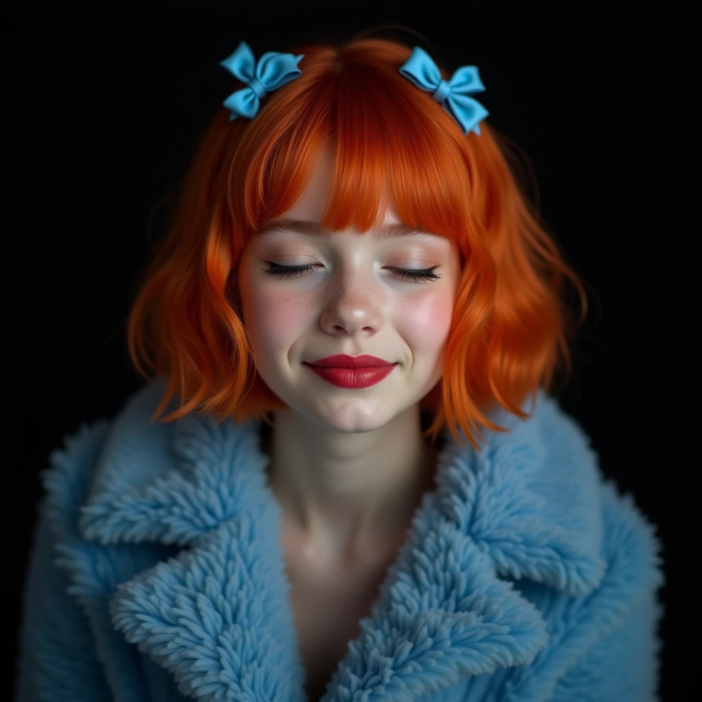 naughty sexy fashion girl, professional, portrait photography, the face looks straight ahead, studio light from above and backlight from behind the head, cute girl (Sharp Focus:1.3), there is a very nice smile on the face, very detailed, beautiful detailed face, orange hair bob hairstyle, there are two small blue bows on her head, eyes closed, as if enjoying the sound, --Detailing, whole body, a lot of femininity, blue fur coat, Tempting, Dazzling, Black background, Backlight, installed behind the model, illuminates the back of the head and creates a frame around the head, highlighting the silhouette of the poser against the background