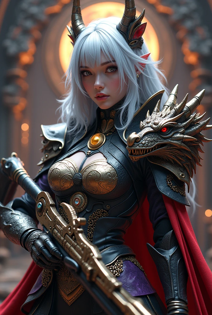 Surreal Very detailed Ultra Fantasy Ultimate Details Ultra-high resolution 8K 32k 3D Clear Eyes Silver Hair Assassin Gorgeous, textured and intricately designed armor Dragon head on right shoulder mechanical engineering Mechanic Art . intricate and elaborate design, money, gold Silver Silver Red Black-purple Dynamic pose Robotics Cinema Lighting Demonic Spell Aura Holding a big bowgun with a unique design in his right hand Magic circle design A large, luxurious amulet made of gold Vivid Color Girl Gorgeous cool gemstone devilish gauntlets Devilish shoulder pads Full body pose