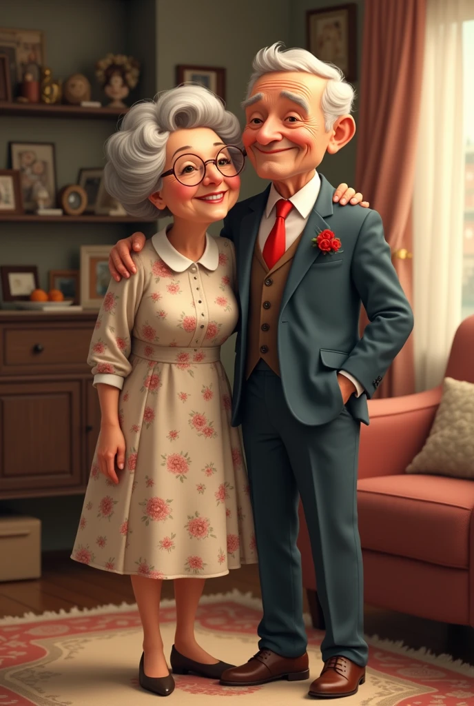 Grandma in a dress and Grandpa with a job and a red tie