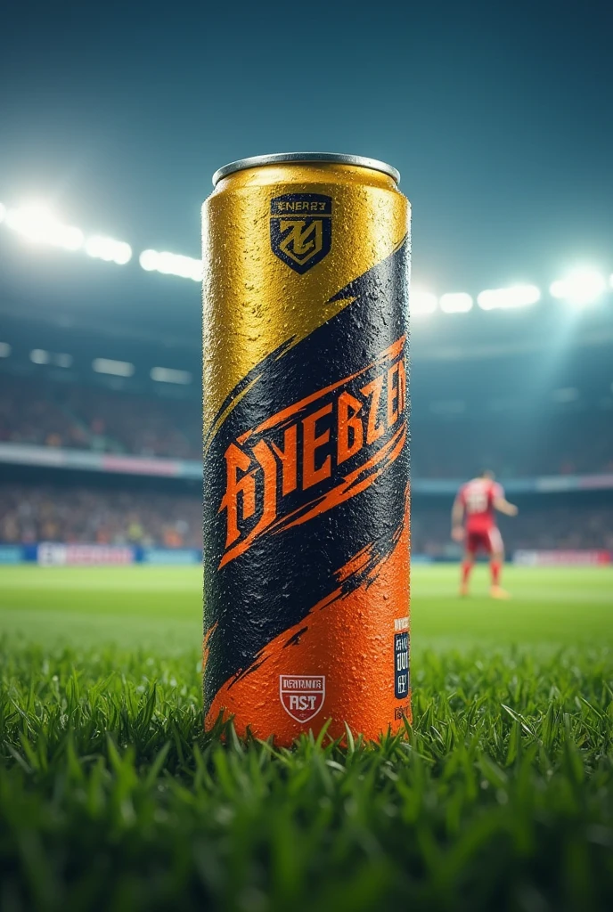 Make me a drawing of a footballer drinking an energy drink with the name enerzen, the colors of the drink are gold, orange, black and blue