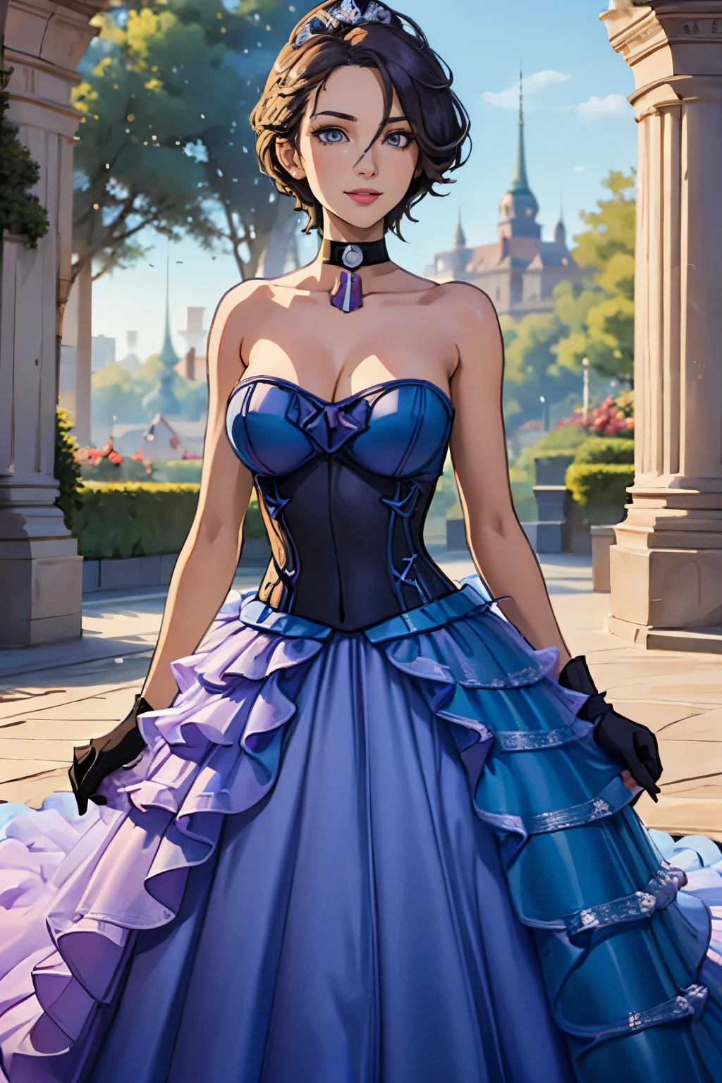 Shamir FE, hair between eyes, ahoge, blonde hair, star \(symbol\), hair ornament, ruffled tulle dress, cleavage, bare shoulders, collarbone, long black elbow gloves, black gloves, black dress, black choker, strapless, tiara, veil, strapless dress, princess dress, veil, beautiful woman, perfect body, perfect breasts, wearing a princess dress, ball gown, in the park trees, wedding decorations, a warm smile, realism, masterpiece, textured skin, super detail, high detail, high quality, best quality, 1080p, 16k, princess crown, turquoise hair