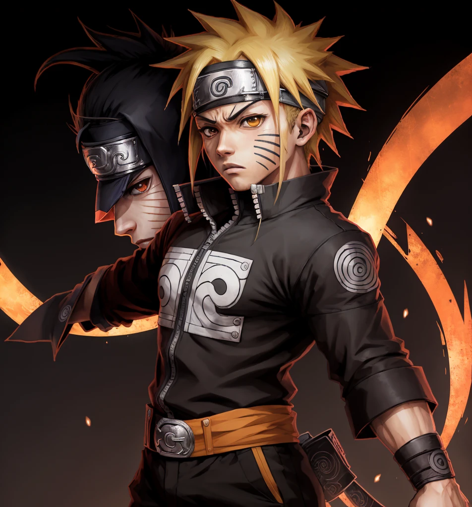Anime. Naruto exalando poder intenso, usando uma roupa estilosa, with a lot of details and with a serious look with a black background. Imagem com um alta qualidade