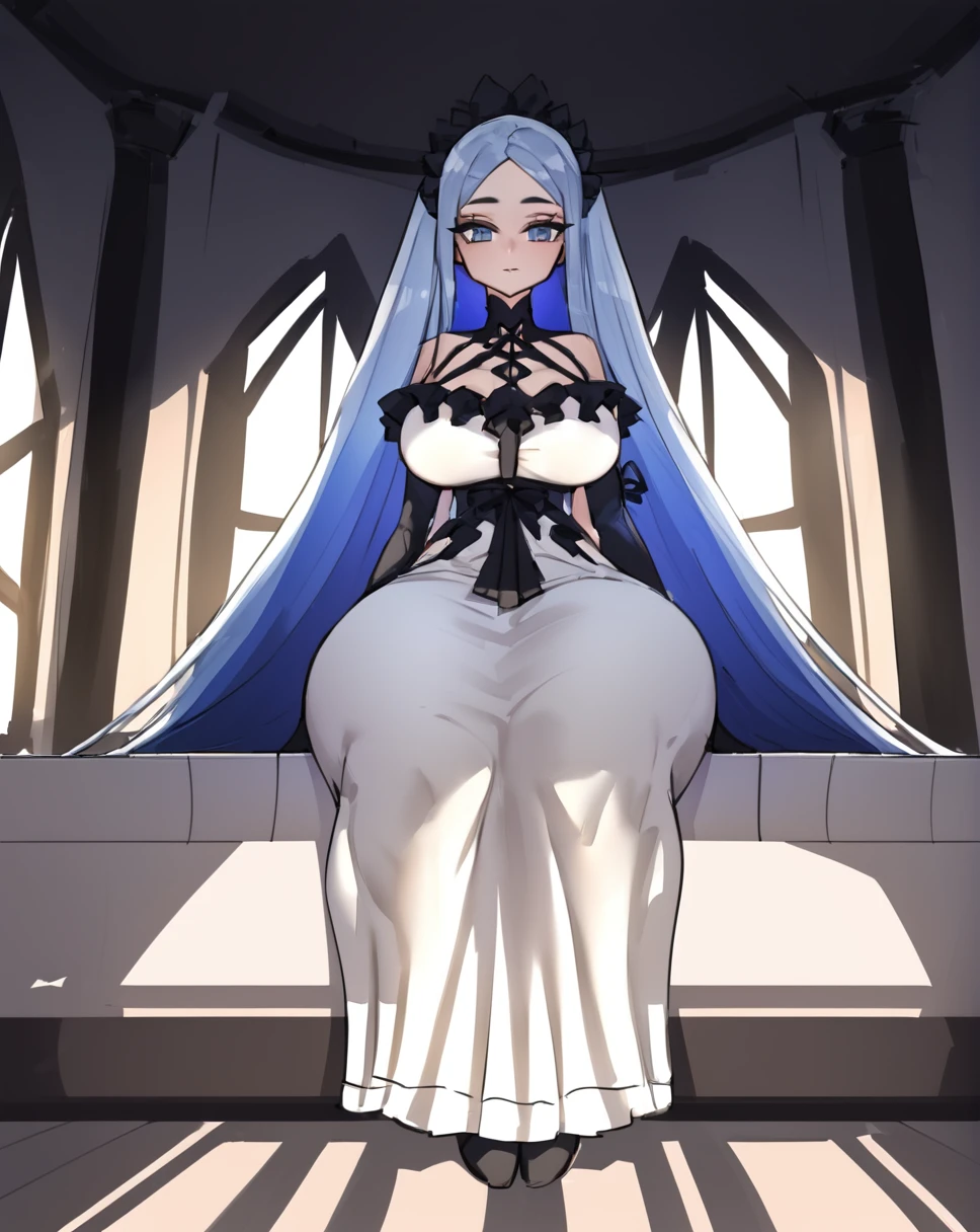 masterpiece, best quality, absurdres, very authentic, three-quarter view, 1girl, solo, full body, brynhildr \(fate\), very long hair, colored inner hair, armless amputee, legless amputee, sitting, on the chair, expressionless, looking down, indoors, dusk, backlighting, window, curtains, white camisole, long dress, white frilled lace trimmed arm wrapper, wall, window, quadruple amputee, large breast, big boobs, massive thighs, thick, hips, full body, looking at the viewer, sitting on the bed, 1 girl, solo