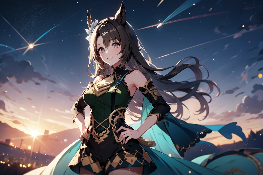 masterpiece、Highest Resolution、Highest quality、Highest quality、high quality anime、sharp、sharp効果、sharp塗り、sharp化、breeze、Chest is center right、solo。Adult woman with horse ears。Blue Dress、Blue shoulderless dress。brown shorts、Brown pantyhose。Large light blue cloak。Moonlit night starry sky background。Dark lipstick、Grin、Beautiful breasts。Brush your hair up with your hands、Touch your head with your hand、Hands on hips。Brown Eyes。Brown Hair、Long Hair、Half Twin、Half Up。hair ornaments。