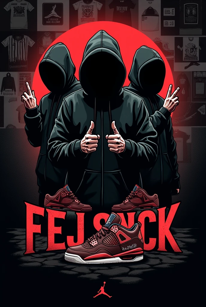 I need a logo for a store whose name is FEJ SNCK. I need the logo to have Jordan 4s and clothing in the background and to have dark, monochromatic colors, with the color combination including red or gold, and to have 3 hooded people in the back making gang signs.