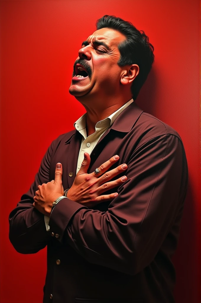 Nicolas Maduro dressed in red clutching his heart in severe pain