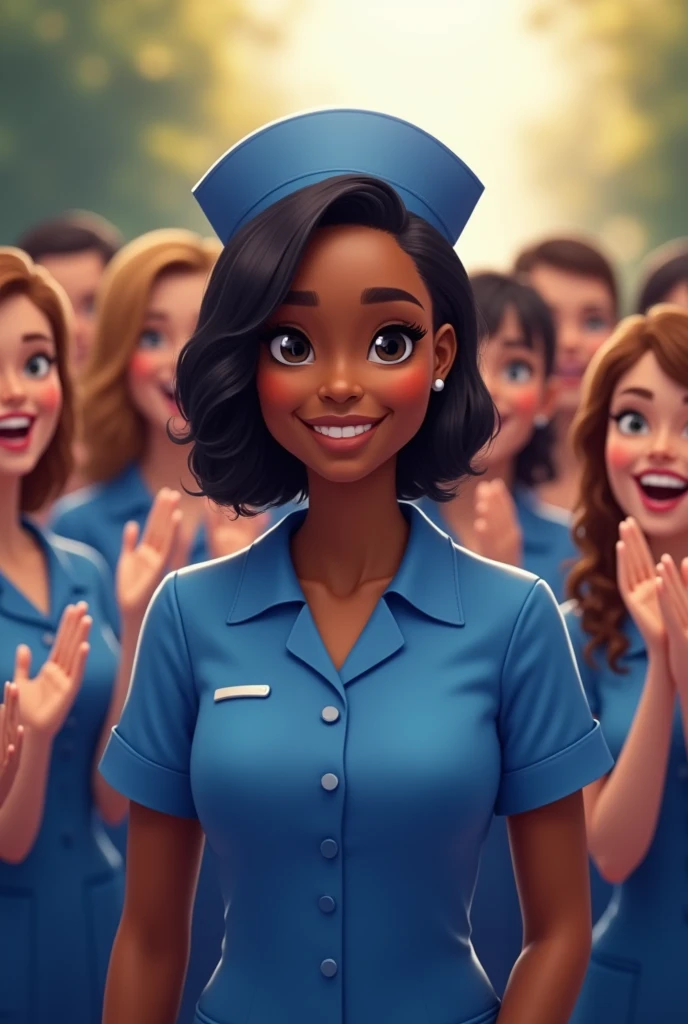 Congratulations on your first job. Nurse blue uniform hair. negro. People clapping