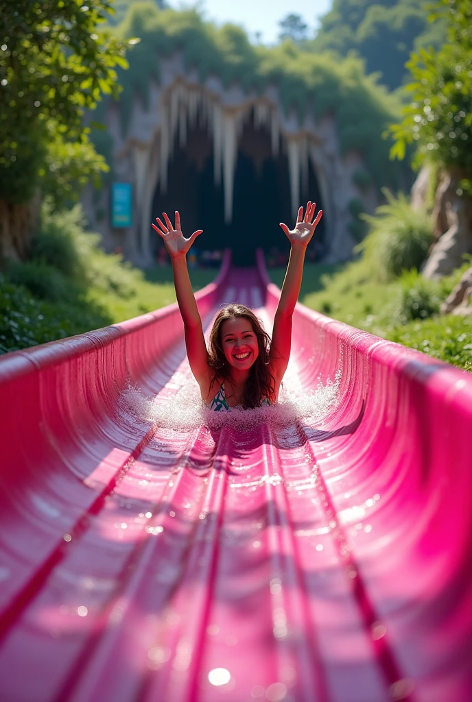 Person raising hands while sliding on a colorful tire, on a very long magenta plastic mat, at least 2 meters wide, dry without water, with an interesting slope, around him a forest, At the end there is a cave with stalactites full of colorful birds.