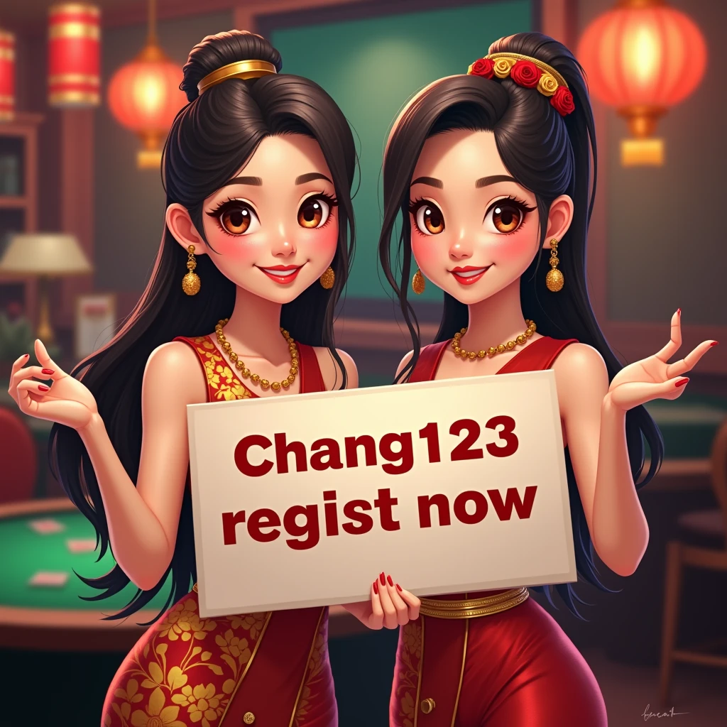 PG SLOT >> [chang123th.featuring] Direct web, upper body, two beautiful Thai women holding a sign "CHANG123 REGIST NOW" Cheerful, Happy, Casino Background, Thai Dress, Real Cartoon Pixar, Broken Chest, Standing Behind Poker Table, White Skin , simplemix, AbsoluteRealthailandwomen, ELEGANT WOMEN, guofeng, excited and horny