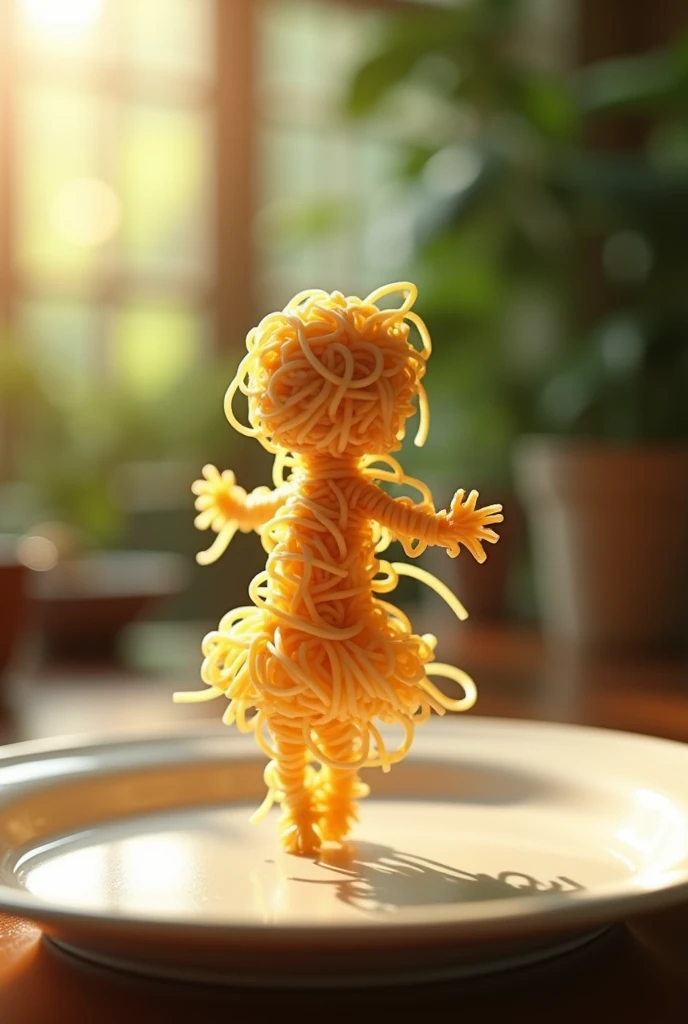 A whimsical miniature figure composed of delicately arranged noodles, poised in a carefree dance on the rim of a plate, white shiny plate, set on a table, vibrant kitchen backdrop, where dappled sunlight filters through the canopy above, casting intricate shadows. The overall aesthetic is ethereal, with warm, earthy tones of sienna, umber, infused with hints of emerald and golden light, evoking a sense of wonder and enchantment, as if plucked from a fantastical realm. Luma Labs Ai prompt - " A human like figure made of noodles