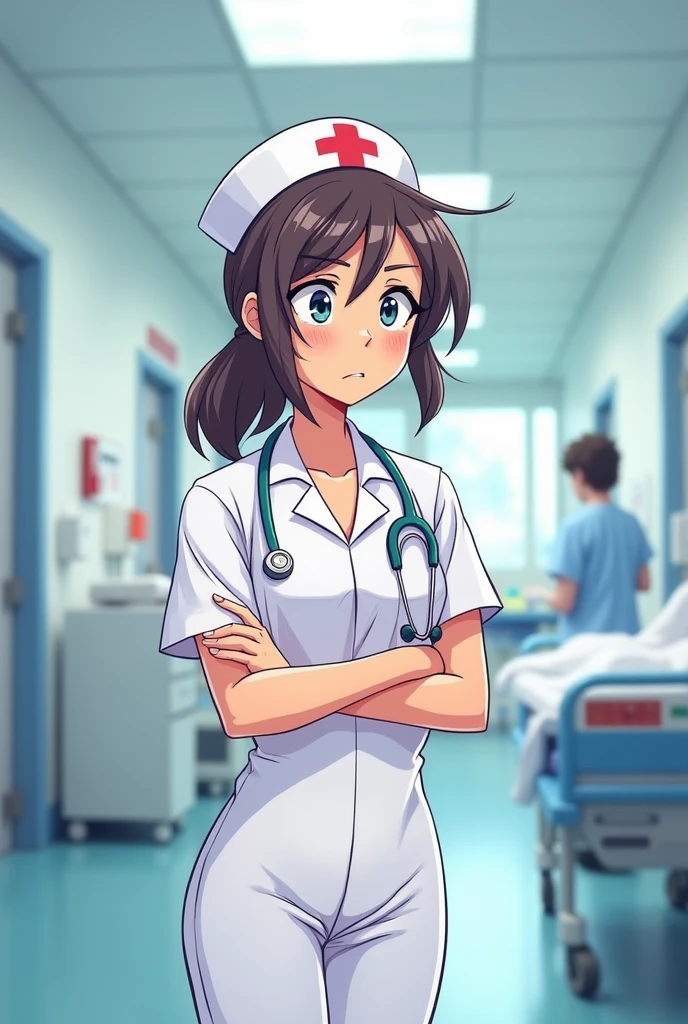 worried nurse inside the hospital, do in cartoon