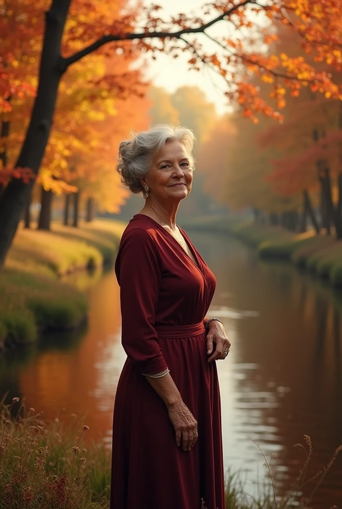 beautiful woman of 55 against the background of autumn landscape